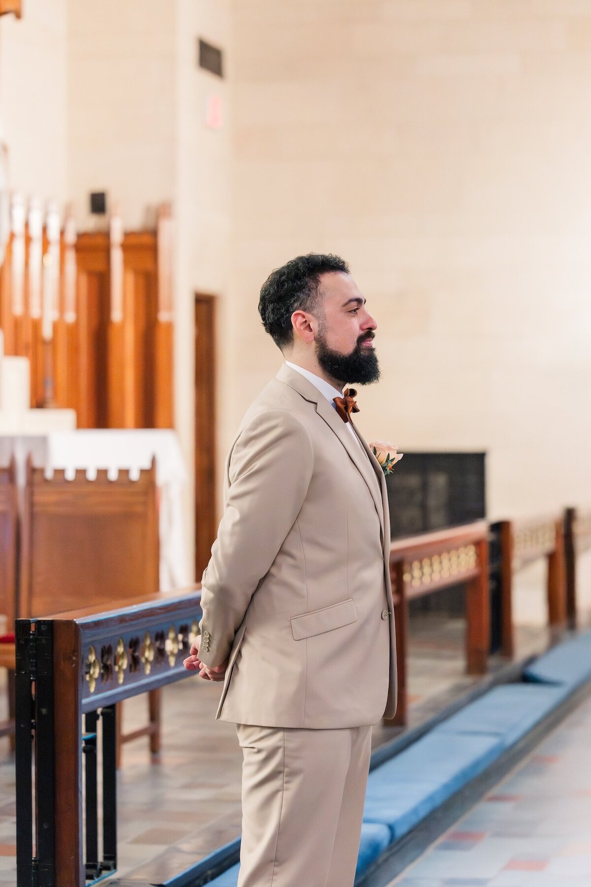 Groom waiting for bride at Houston church ceremony