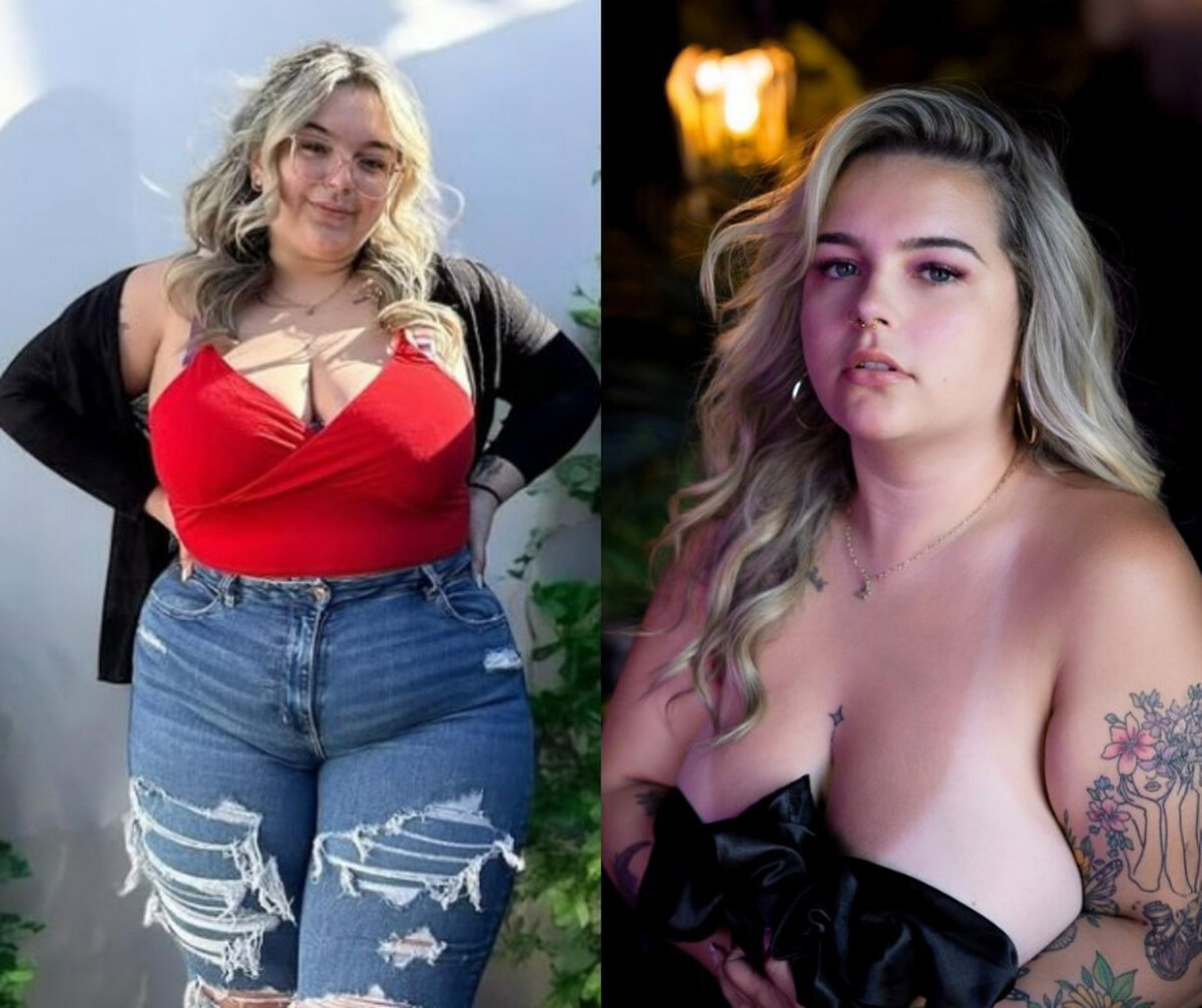 A woman smiles while standing in jeans and a red blouse next to her in a studio with full makeup and hair