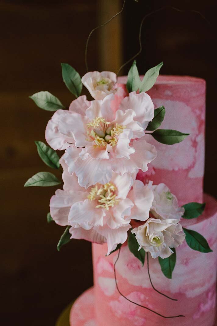 pink marble fondant wedding cake with peonies, Hamilton ON wedding cakes