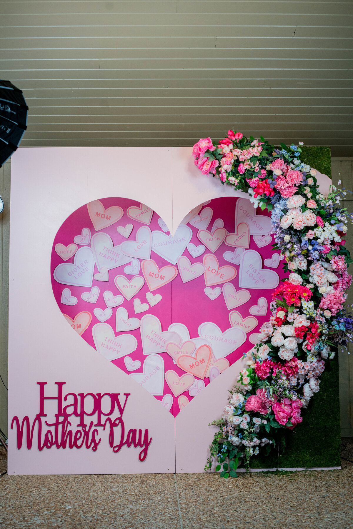 Happy Mother's Day heart shaped photo booth backdrop  design with floral arch