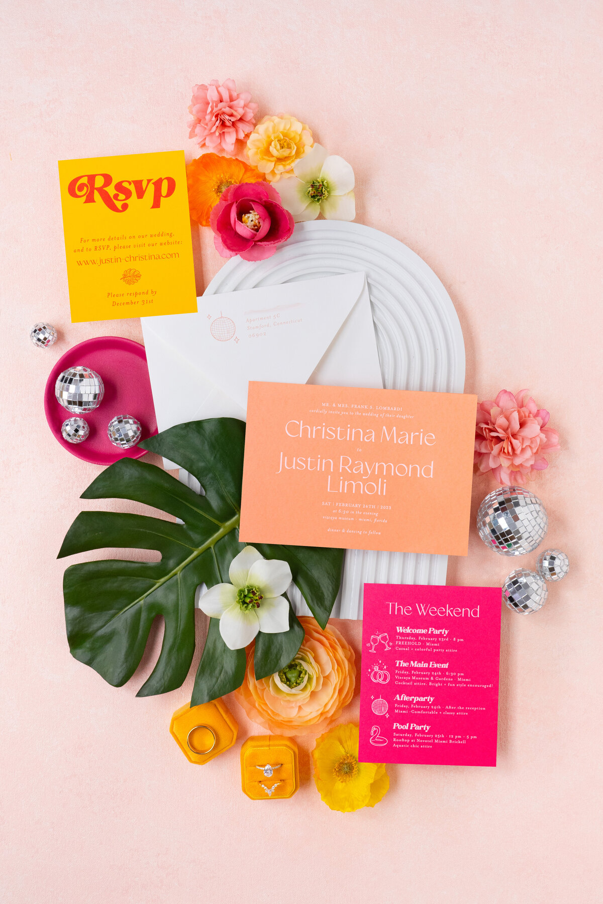 colorful miami wedding invitation