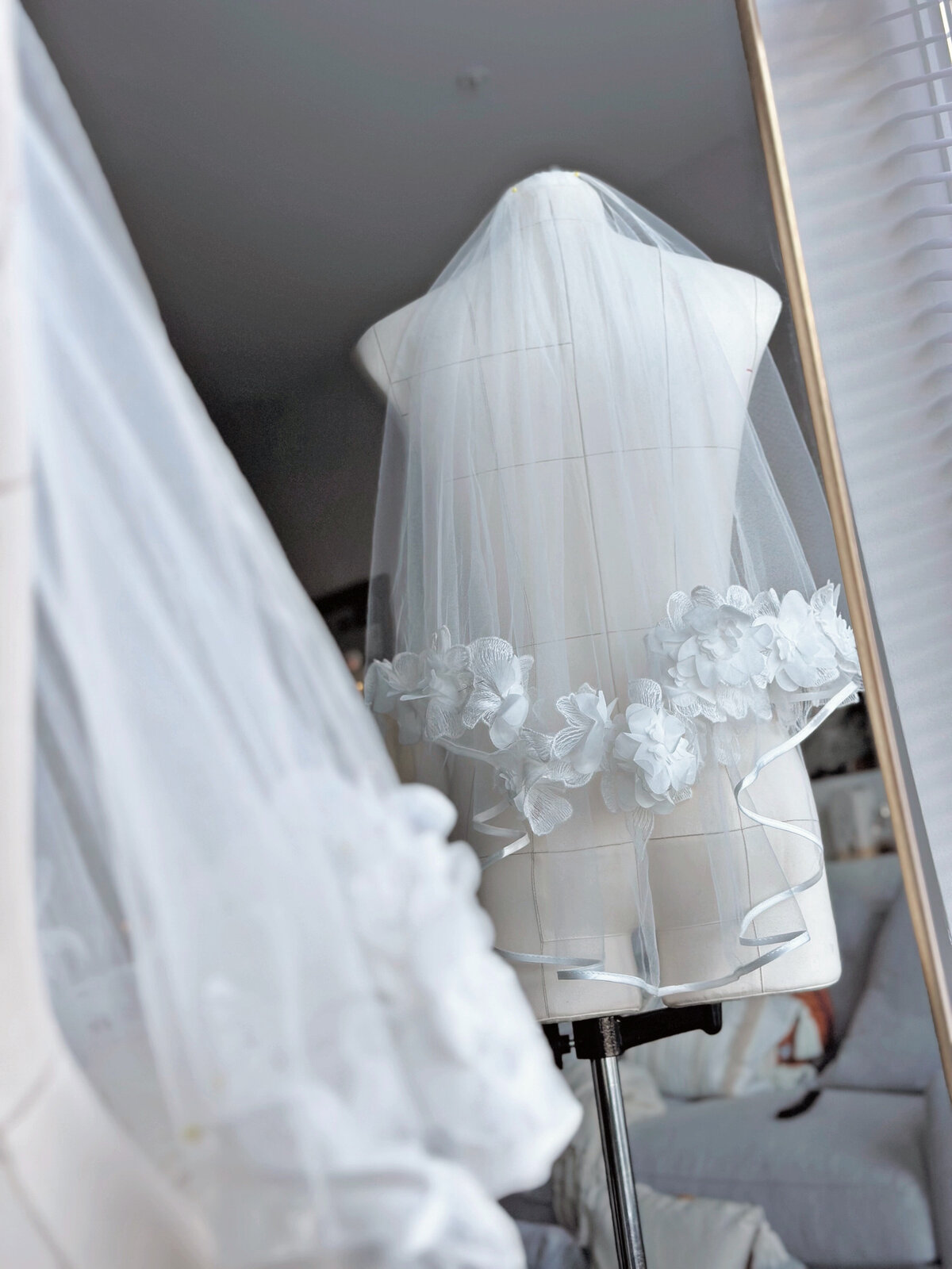 Fine tulle blusher veil with full lace edging and dreamy feel
