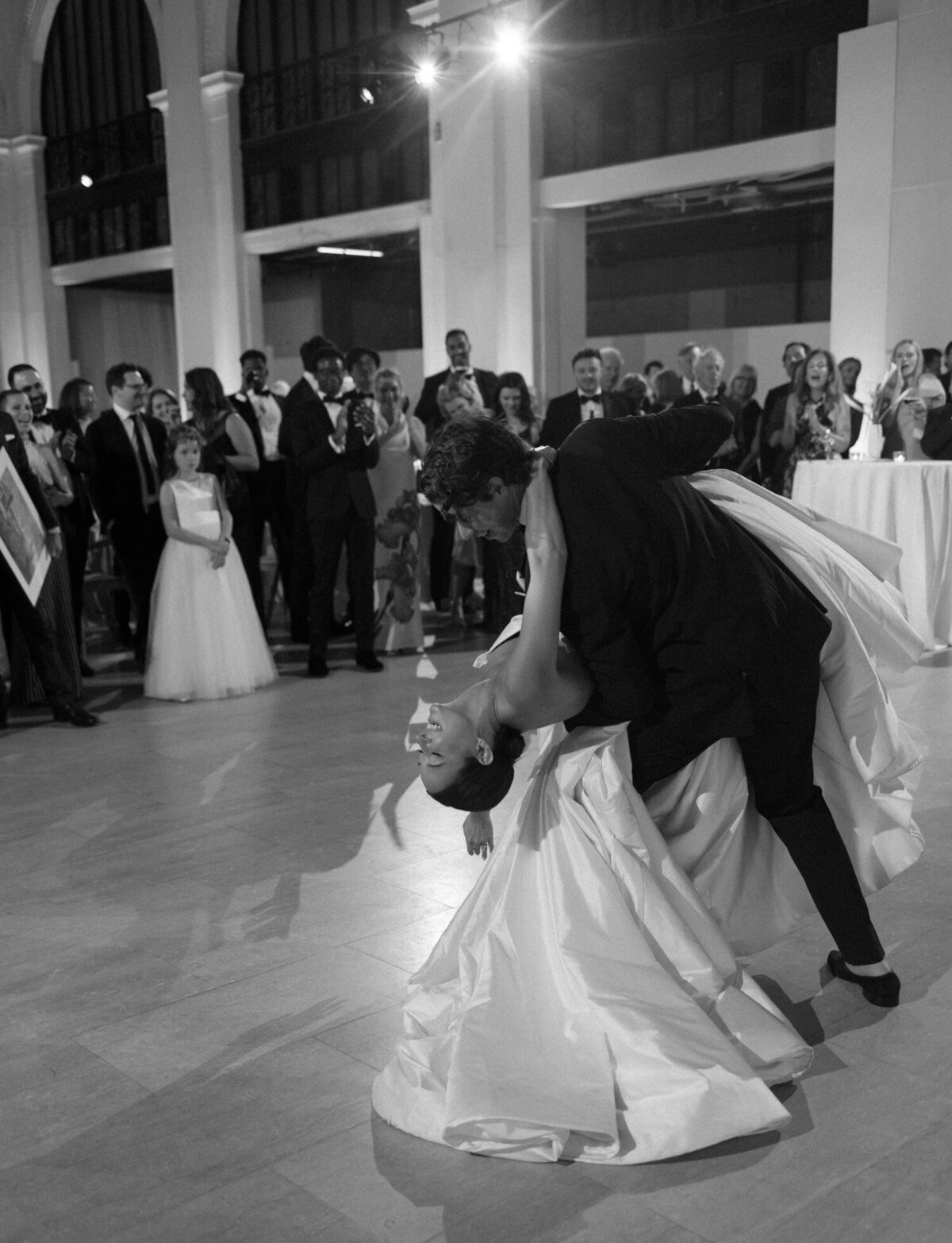 an epic first dance dip with a laughing bride at State Savings Bank, Detroit