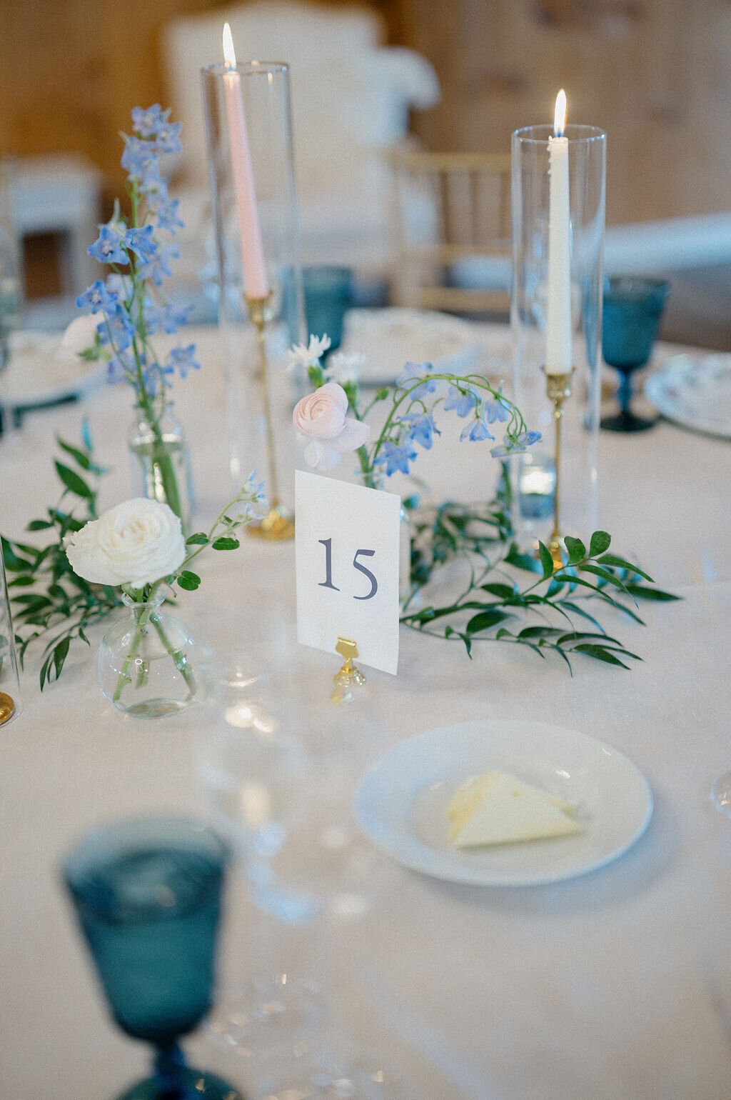 Dining table designed with blue flowers with table number