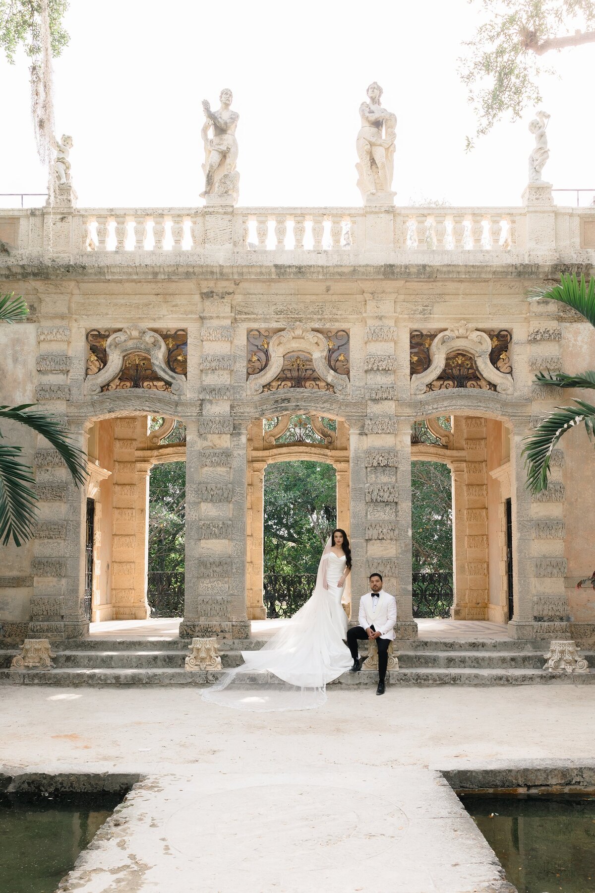 Romantic portrait of bride and groom at Vizcaya Miami 