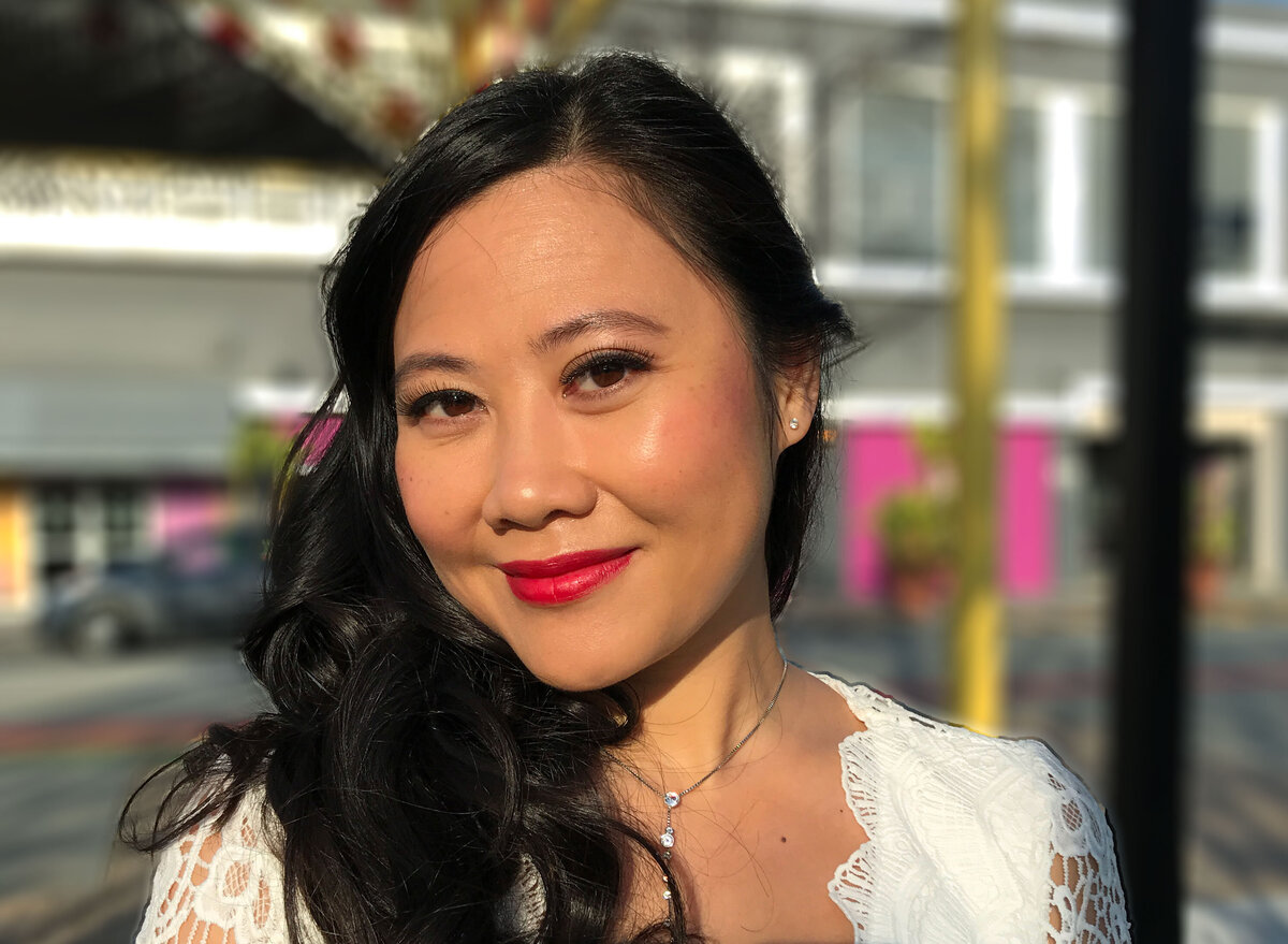 Asian bride with red lip in downtown San Jose CA