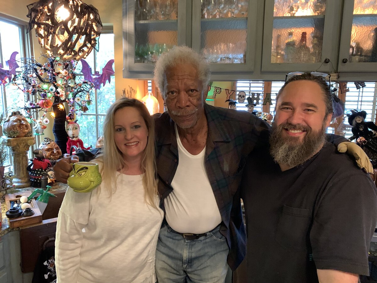 Kelly Miller, Morgan Freeman, and Jason Miller at their home in Mississippi