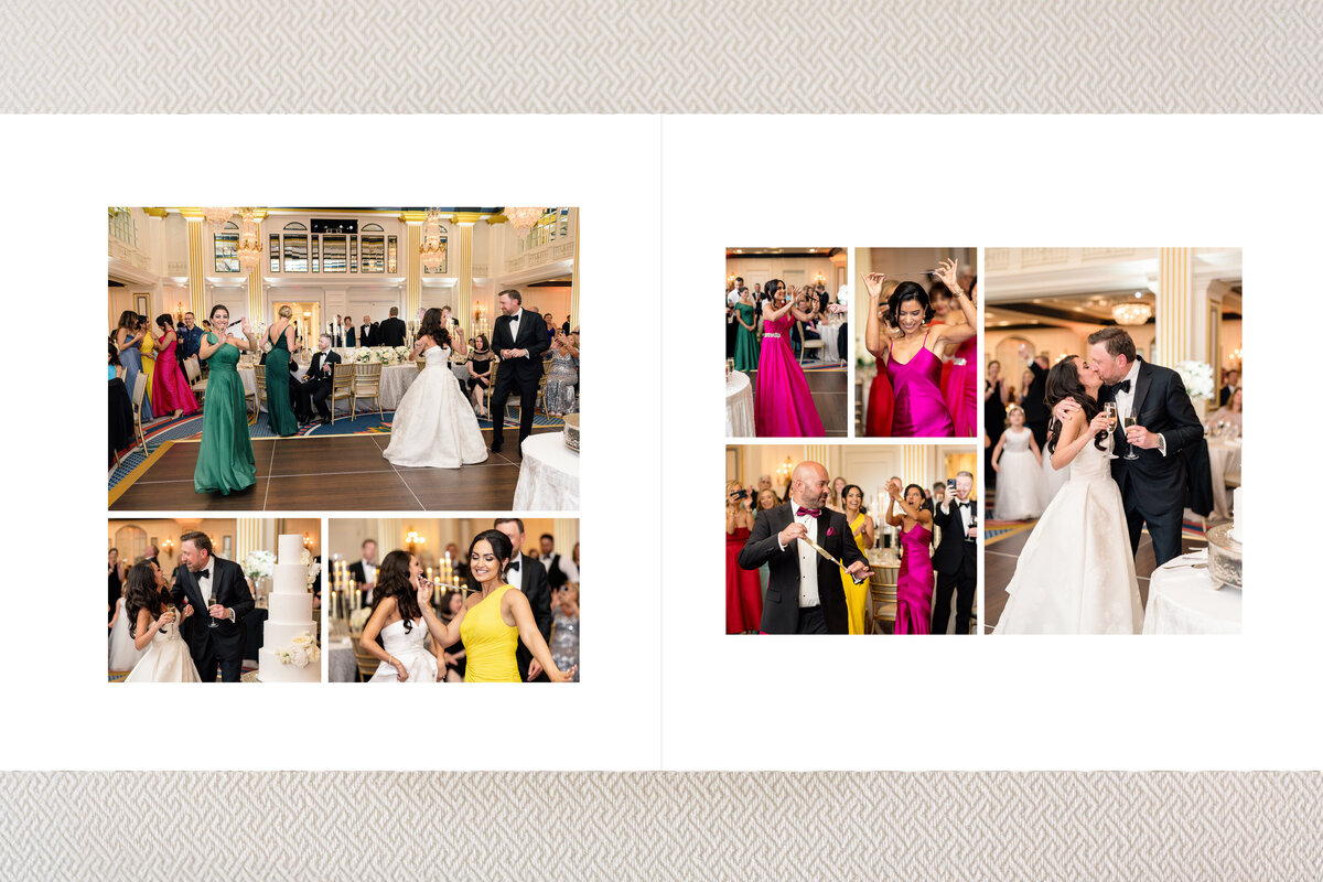 A wedding reception with guests dancing and celebrating. The bride and groom are seen dancing, cutting the wedding cake, and enjoying the festivities. The room is elegantly decorated with chandeliers and floral arrangements. Guests wear colorful formal attire.