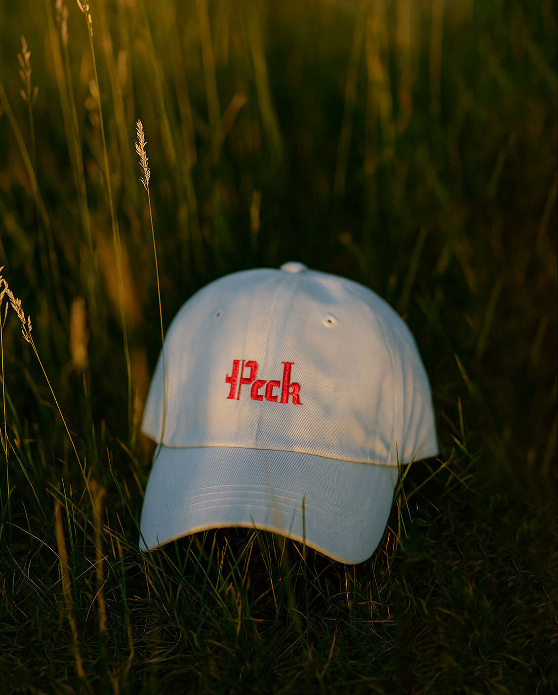 A white baseball cap embroidered with the pink Peck logo in a Gothic typeface sits on tall grass during golden hour, blending a vintage aesthetic with modern branding in a natural setting.