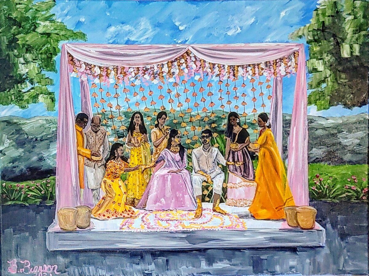 Live painting of an outdoor Haldi ceremony at the Lansdowne Resort in Leesburg Virginia