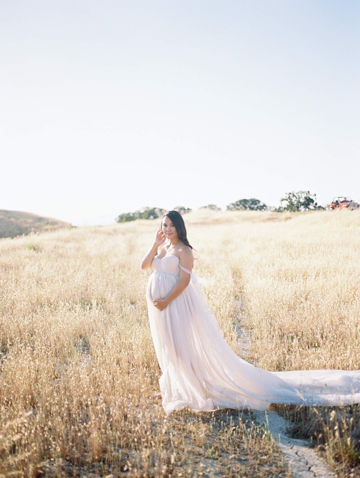 Hillside maternity photoshoot in San Francisco with a pregnant woman standing in a field against hills in long sheer dress.