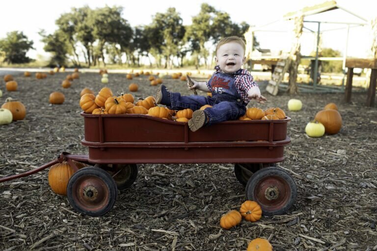 Child in a colorful birthday outfit, jumping and laughing, capturing the excitement of their fun birthday shoot with pumpkins