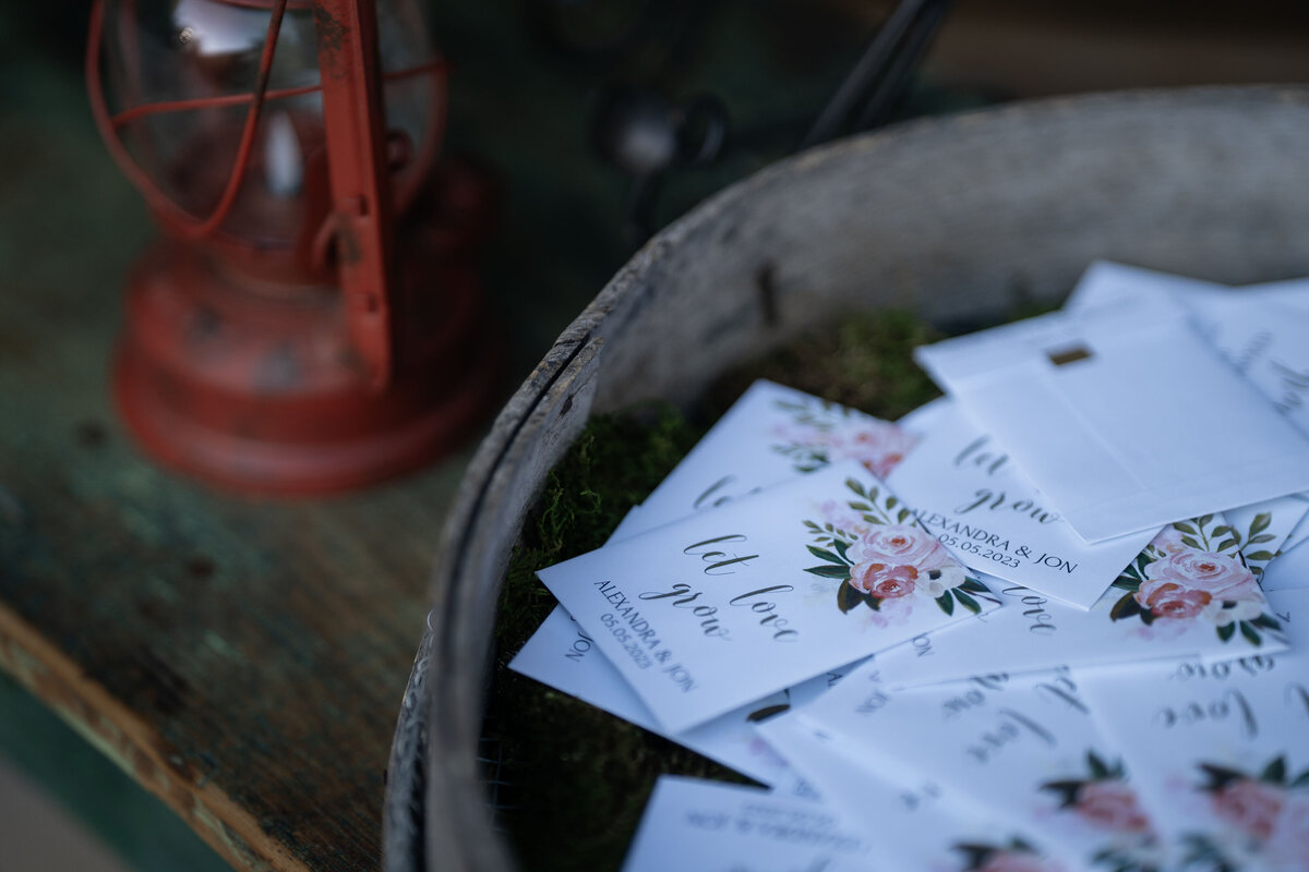 A close up of some of the wedding details, seeds to plant for the guests that attend the wedding,