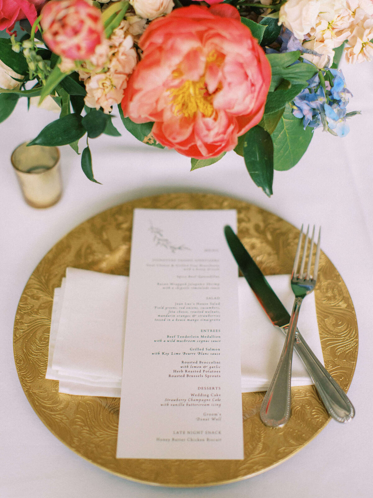 Dinner menu at elegant wedding in Dallas Texas