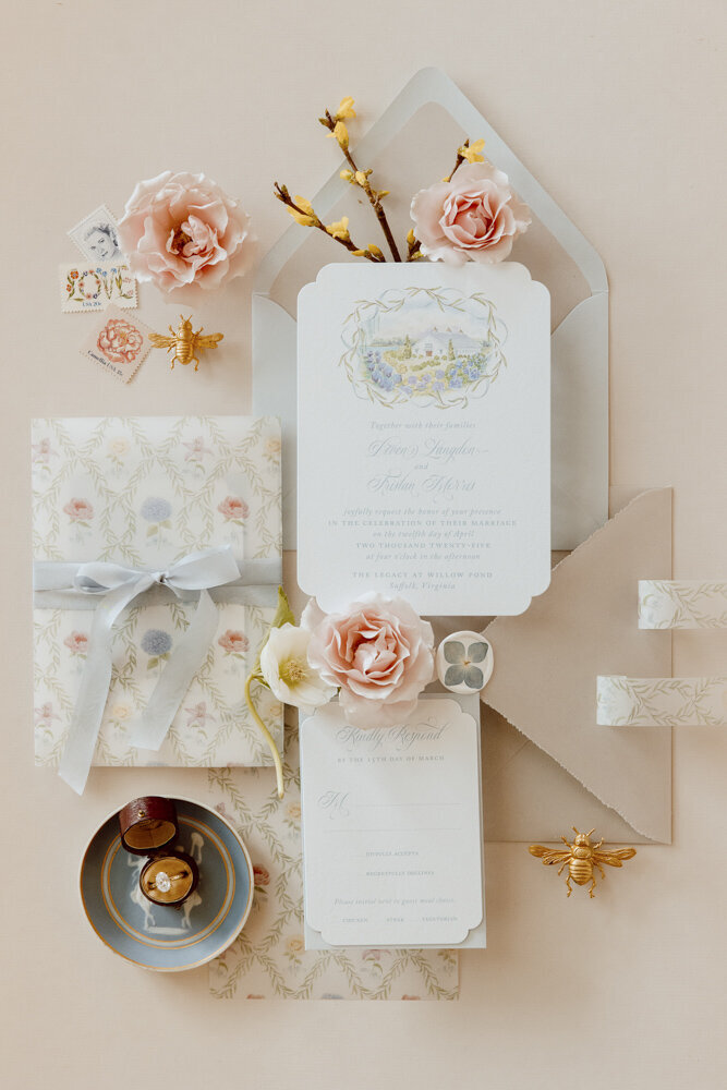 Wedding Flat lay details of Legacy at Willow Pond Wedding Venue in Suffolk, Virginia