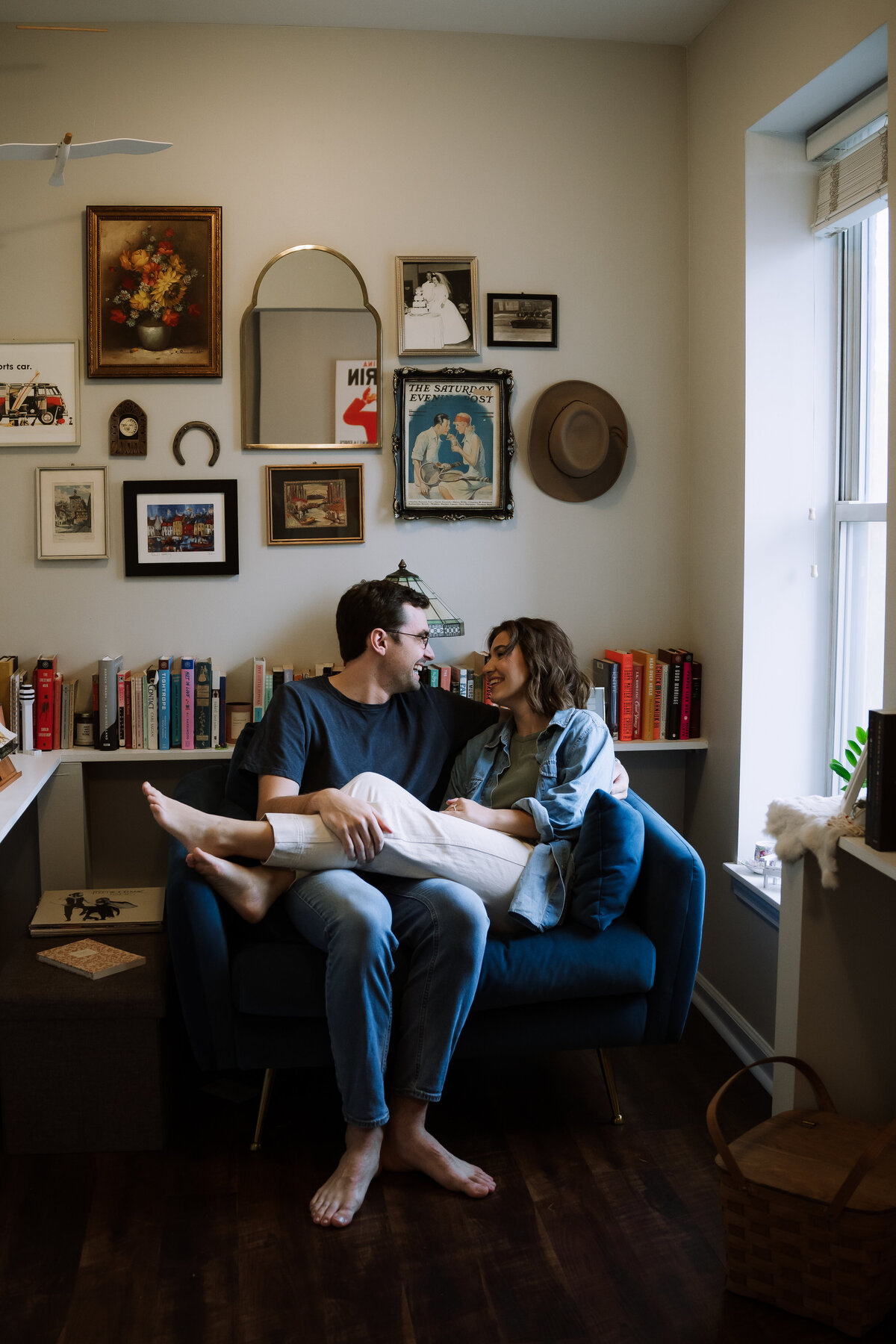 couple sitting in home library