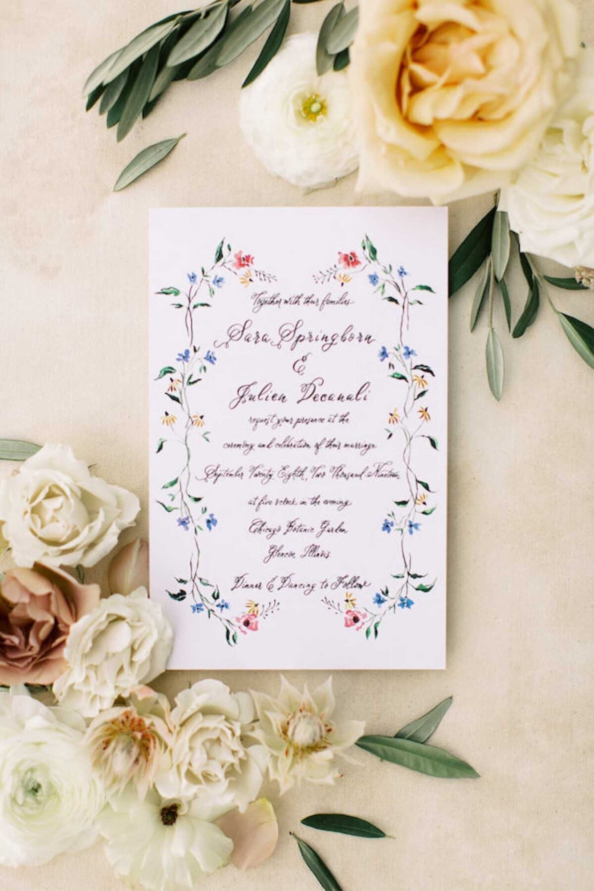 Garden style wedding invitation with watercolor floral for a luxury Chicago outdoor garden wedding.