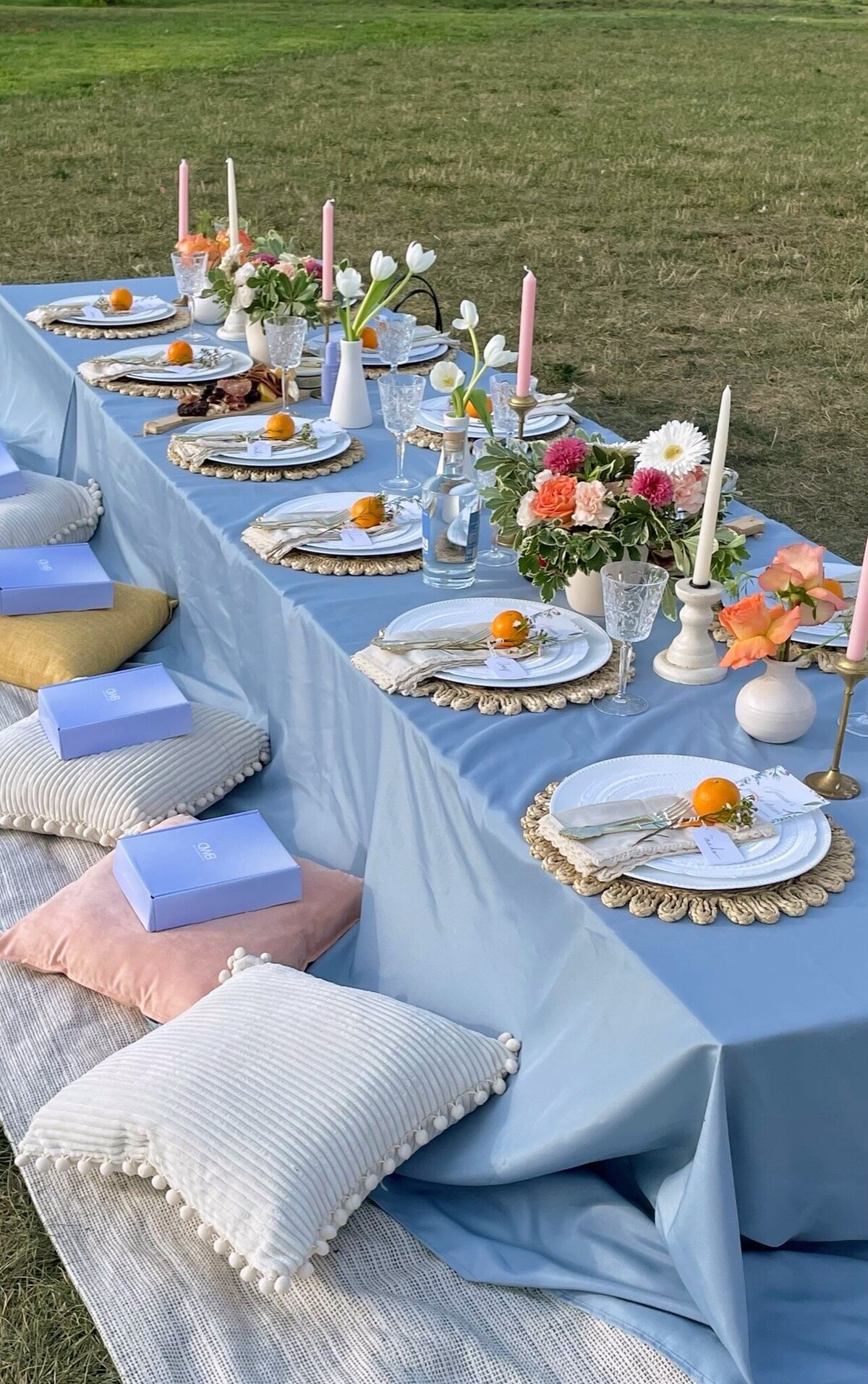 Luxury picnic table with blue linens, pastel cushions, floral centerpieces, and citrus accents, styled by Yours Truly, a wedding planner and designer in New Jersey.