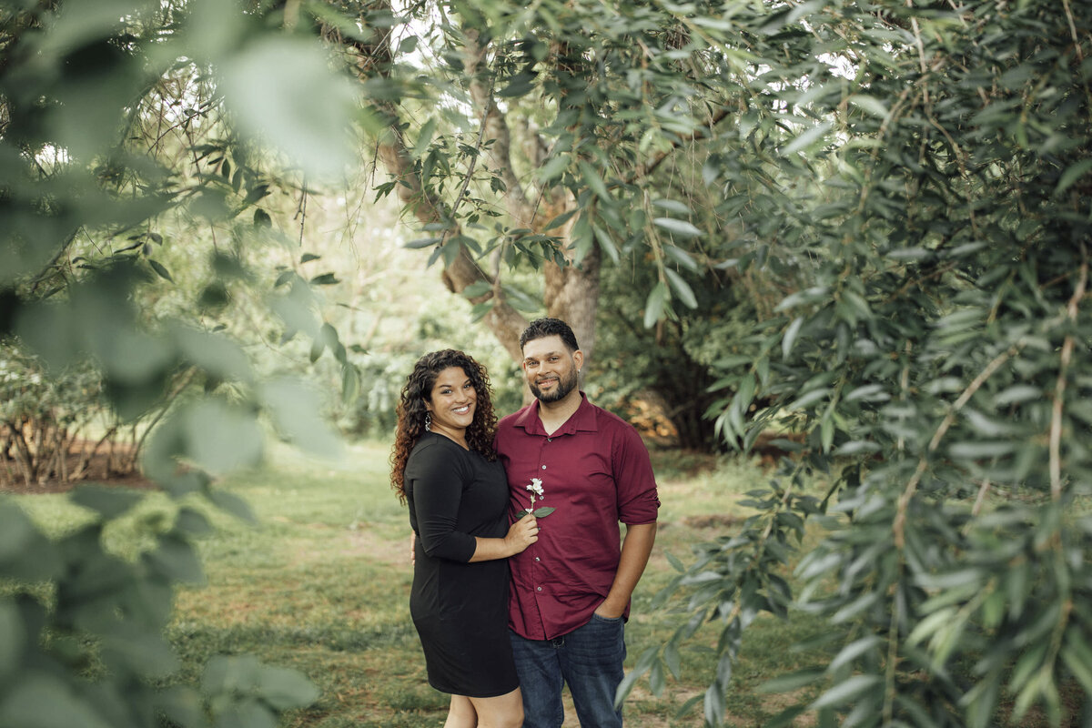 Couple under weeping willow during pre-wedding session at New Jersey Botanical Gardens in Ringwood