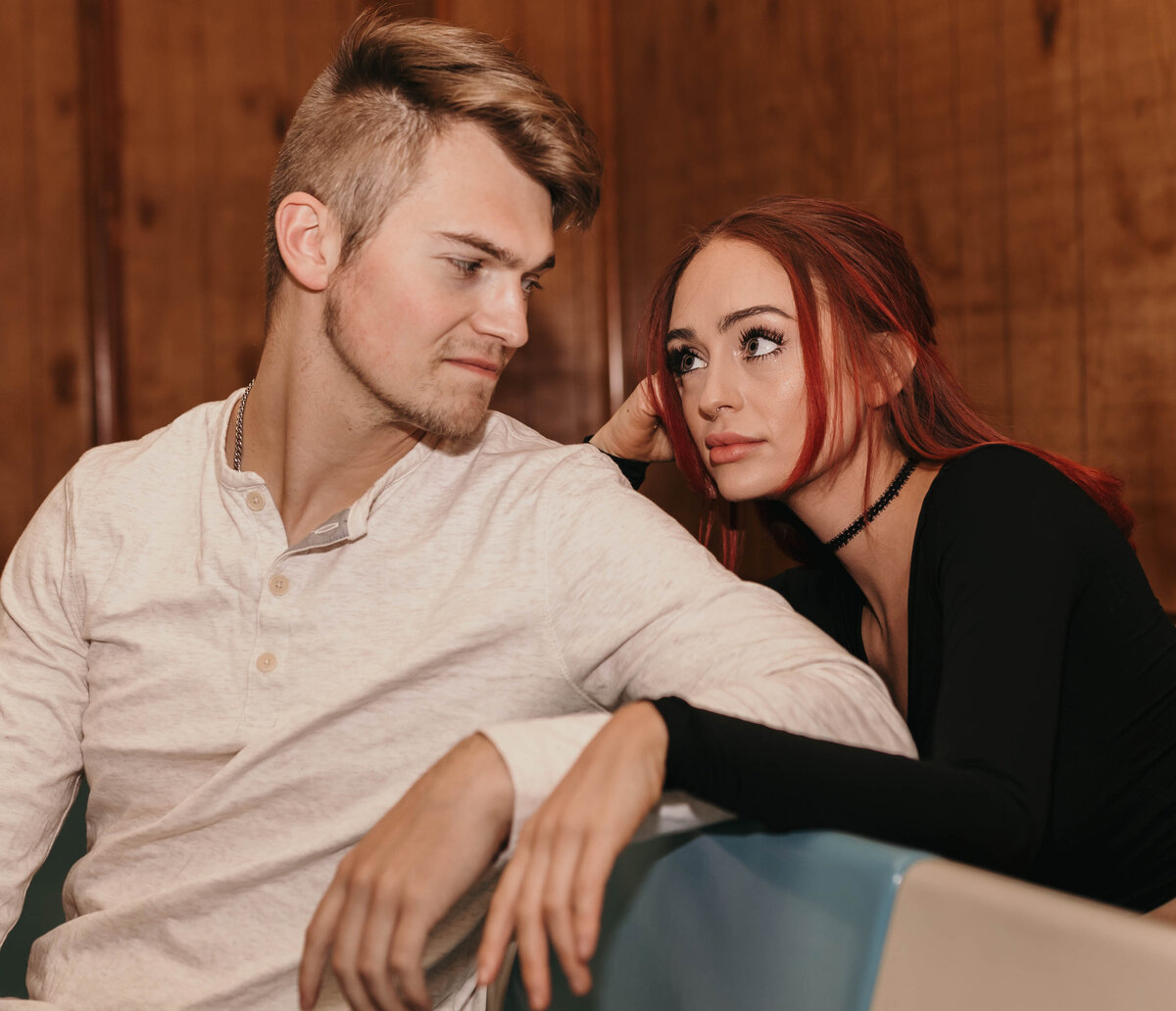 couple looking at each other at bowling alley
