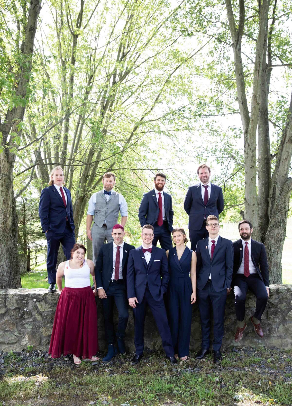 Group portrait of groom and groomsmen Zigbone Farm Retreat, Maryland