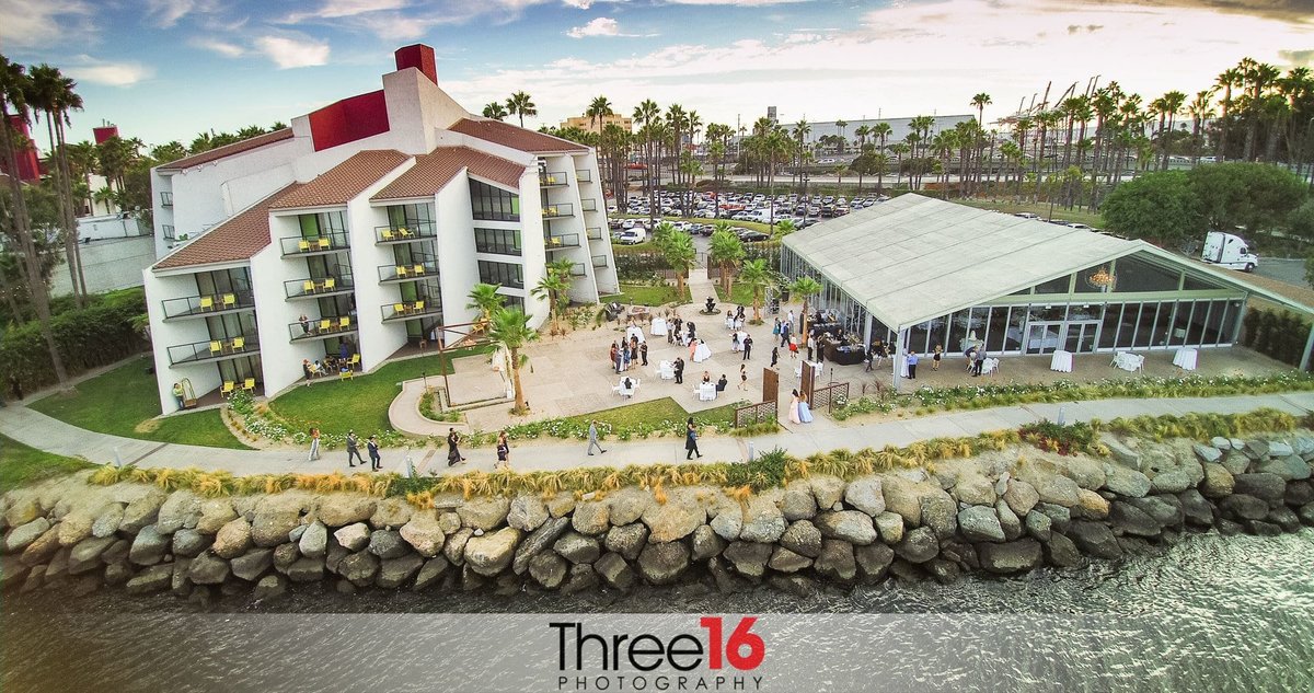 Aerial view of the Hotel Maya in Long Beach, CA