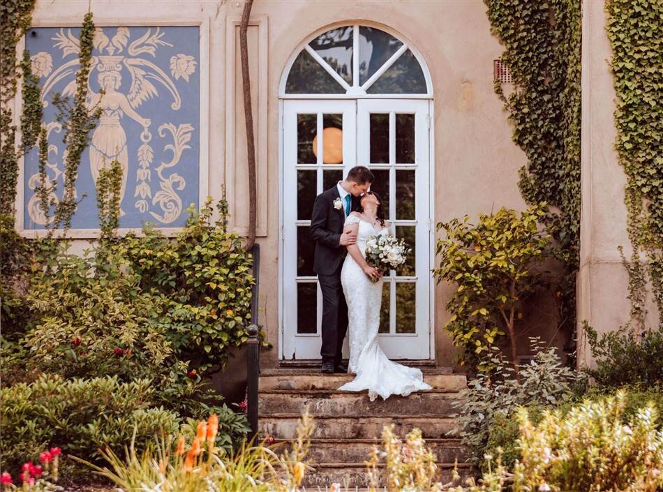 Newlyweds enjoying bridgerton elopement in English country manor