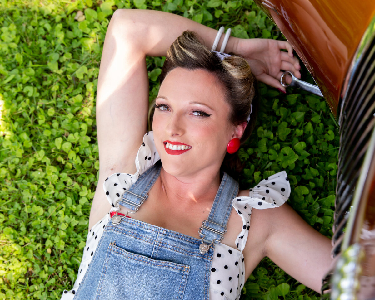 goddess studio boudoir woman fix the old ford polka dots and overalls pinup red lipstick earrings