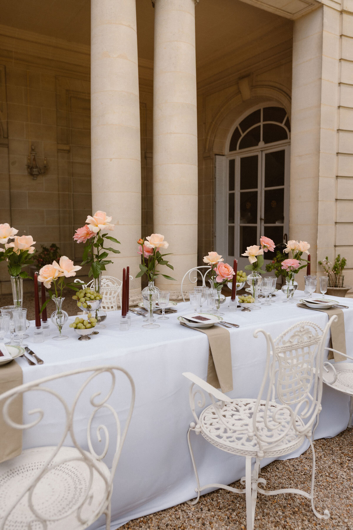 Luxury styling at a chateau wedding with an alternative wedding cake.