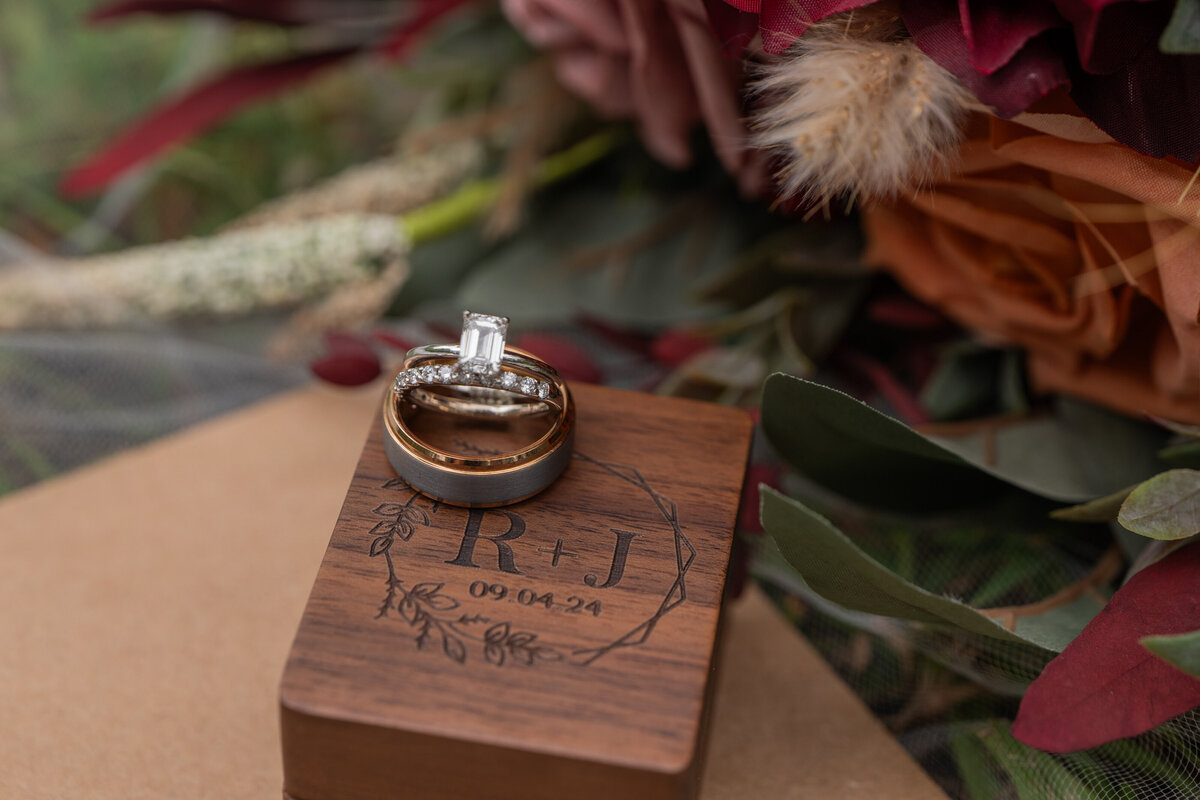 Wedding rings on top of a wooden box