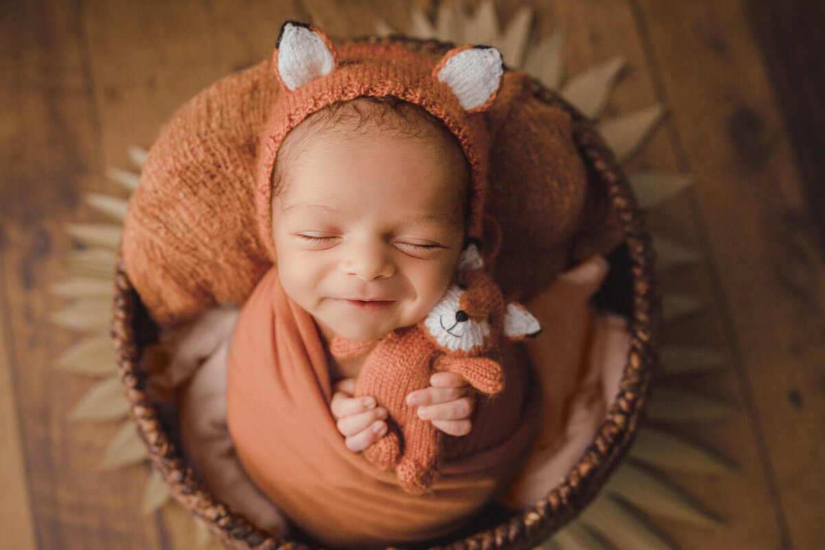newborn baby wears fox bonnet and holds tiny stuffed fox for newborn photos in Hamilton, ON