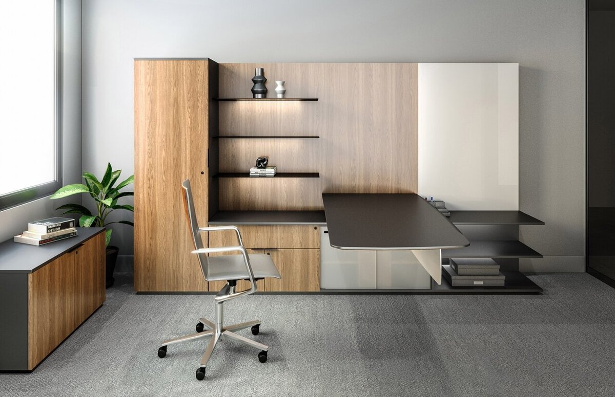 modern office with wood storage units and steel desk and chair
