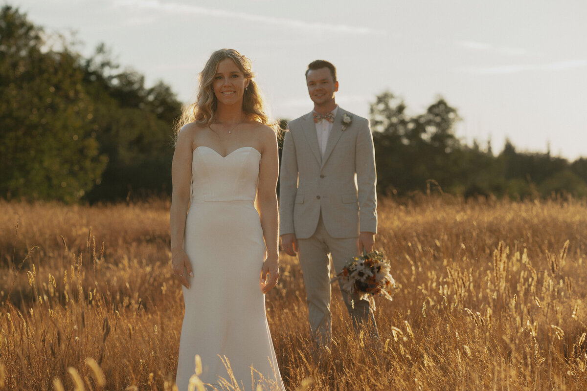 Editorial photo of bride and groom at golden hour during their wedding portraits in Comox by Latitude 49 Photography