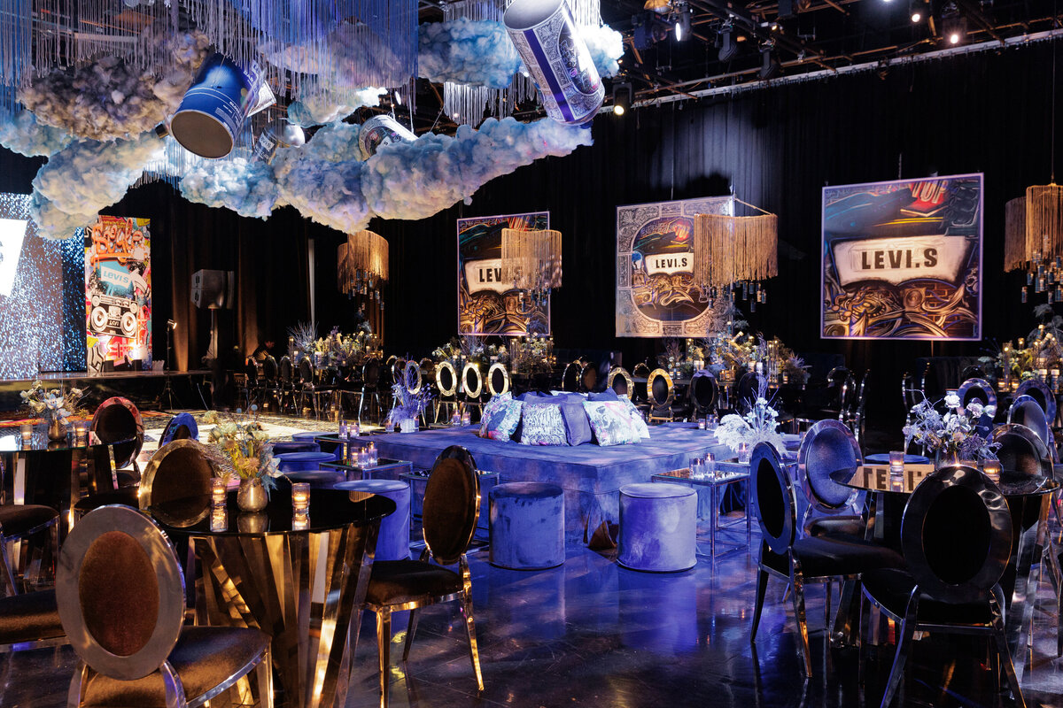 A ballroom decorated for a Bar Mitzvah