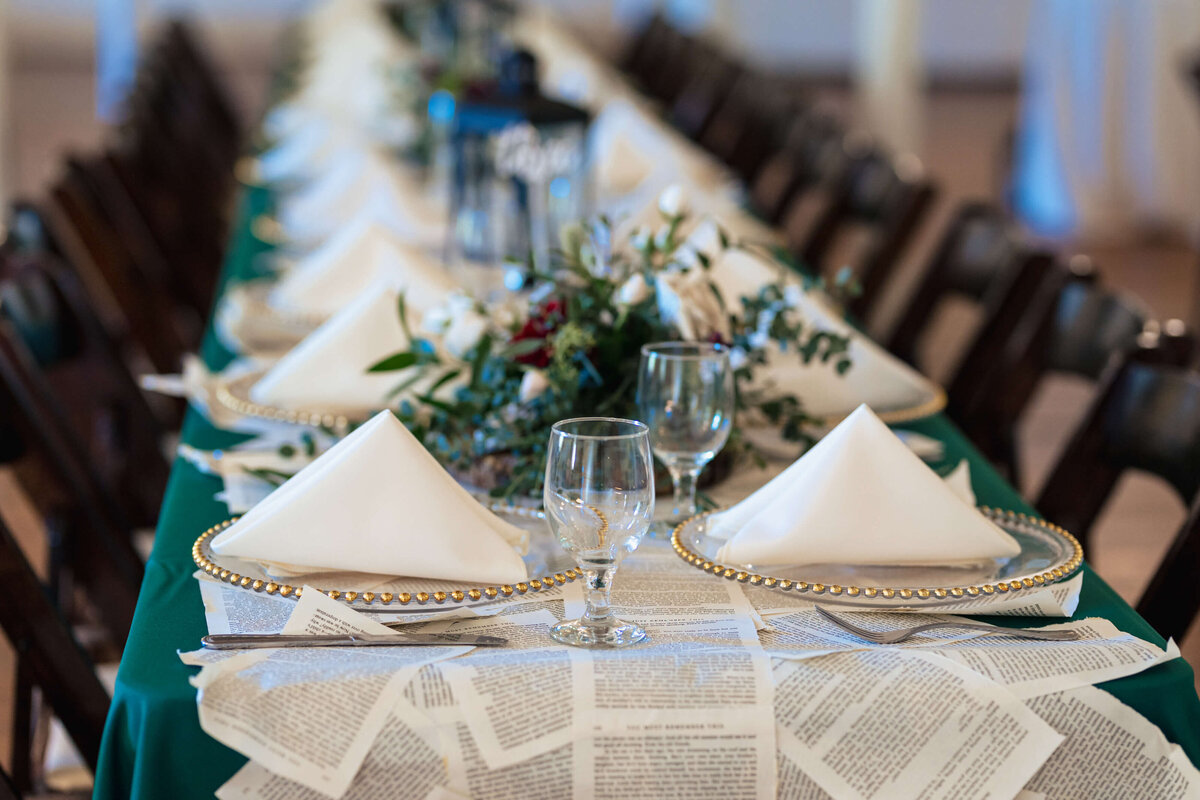 Wedding Reception Green Book Theme Long Table Setting