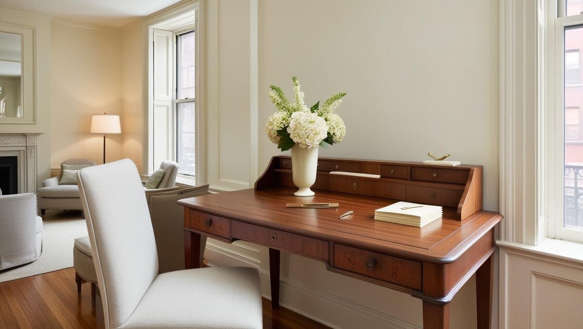 An antique writing desk adorned with writing implements and a vase of fresh hydrangeas. Light-filled windows with open shutters frame a traditional sitting area with a fireplace and classic furnishings.