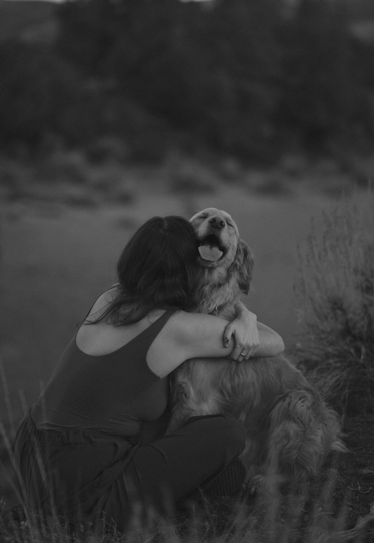 woman hugs her smiling golden retriever in a field of tall grasses during a soul pet photoshoot