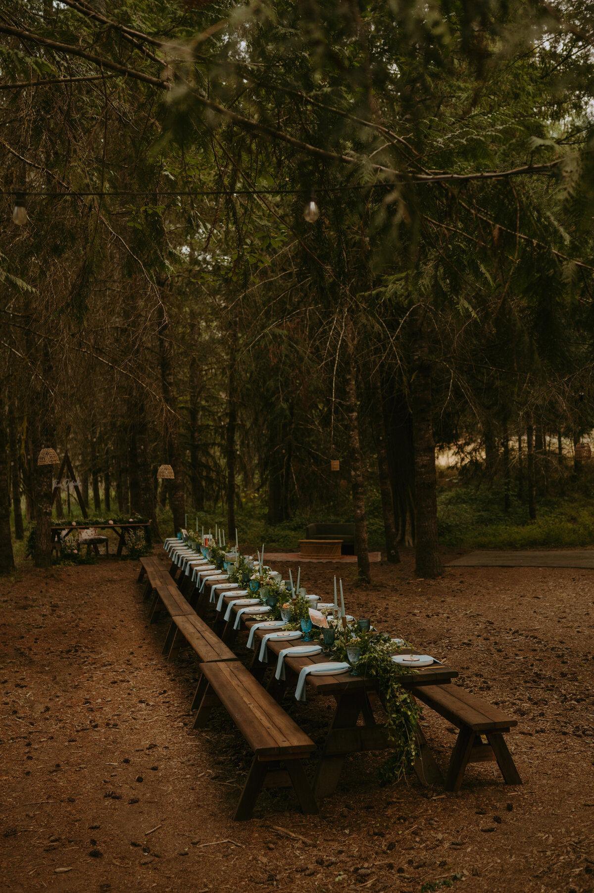 An elegant outdoor wedding reception setup in a serene Oregon forest. Long wooden tables are adorned with flowing greenery, blue candles, and place settings with light blue napkins, creating a romantic and natural atmosphere under the canopy of tall trees.