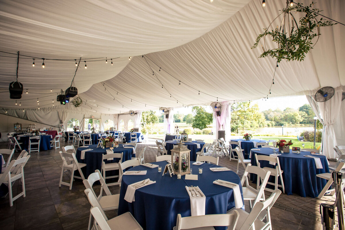 Estate at Eagle Lake Wedding Reception Blue Round Table Setting