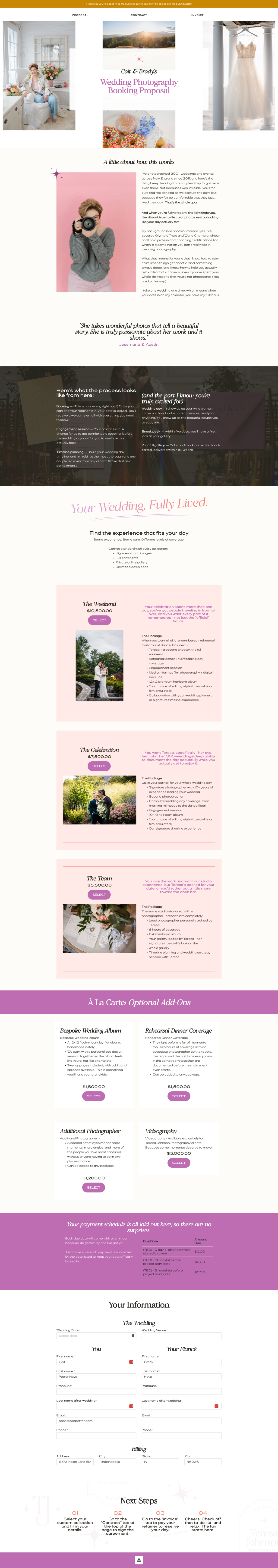 Dubsado proposal page designed for Teresa Johnson Photography