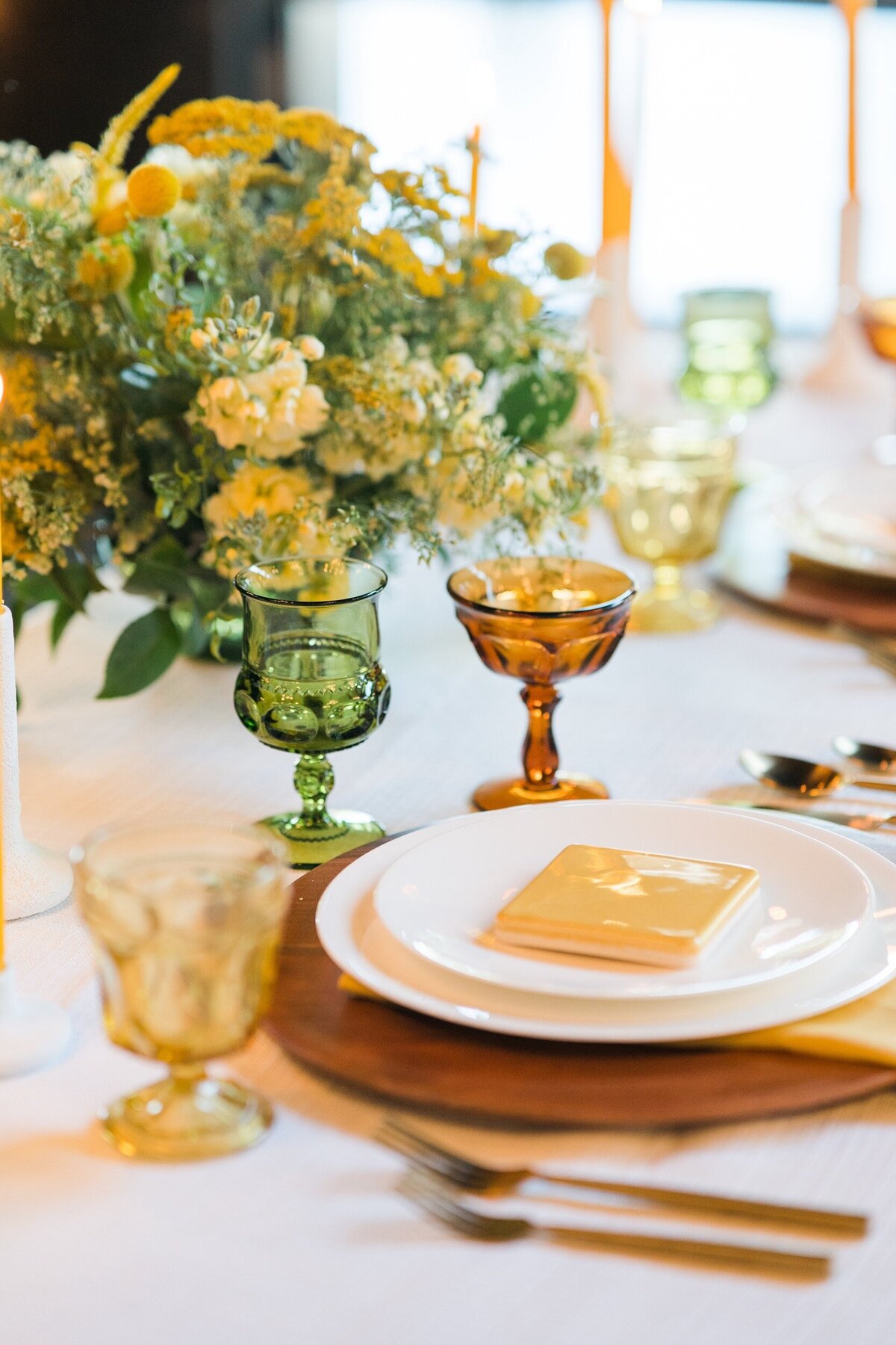 A photo of a tablescape at the wedding venue Whitaker and Atlantic in Raleigh, NC.