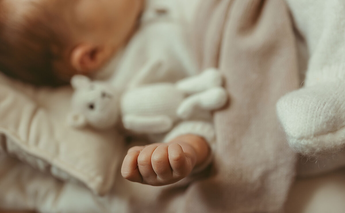 the hand of a new born baby up close while he sleeps. He is holding a teddy bear.
