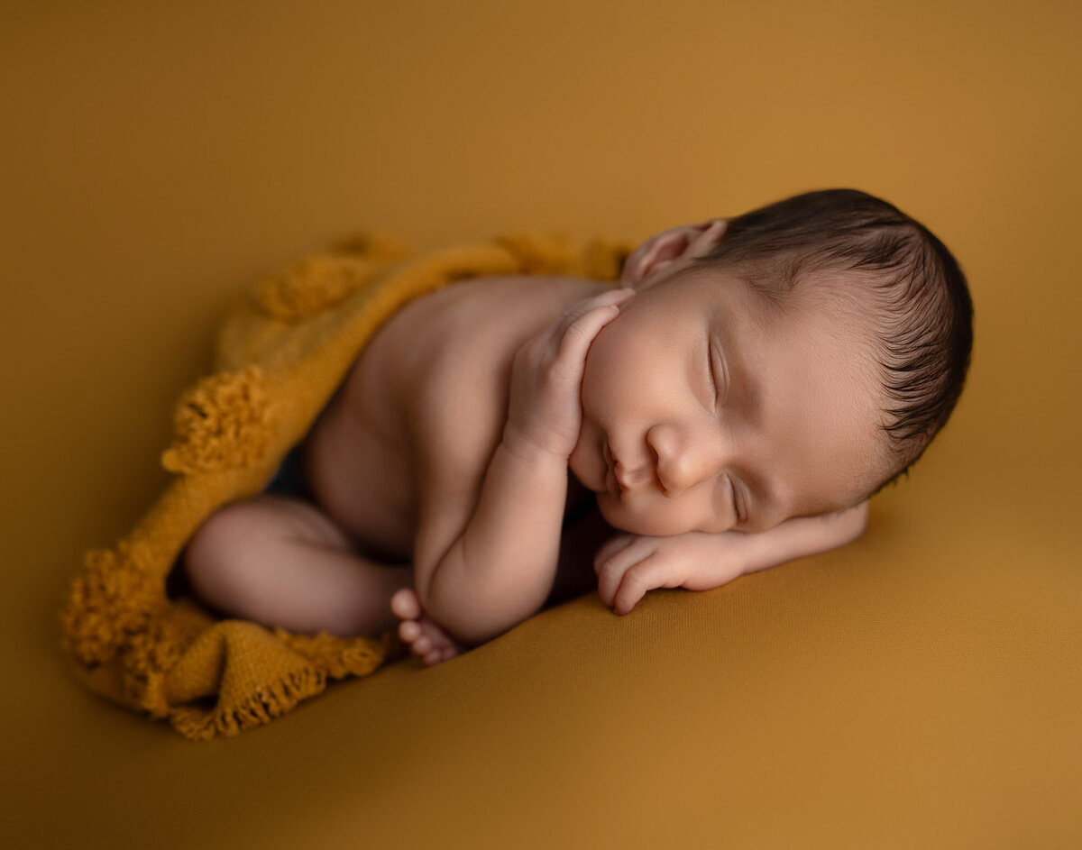Newborn baby yellow wrap mustard backdrop Spanish Oaks photographer