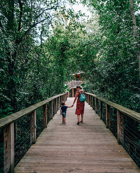 A woman and a child stroll across a wooden bridge in Grand Rapids, Michigan, surrounded by nature.