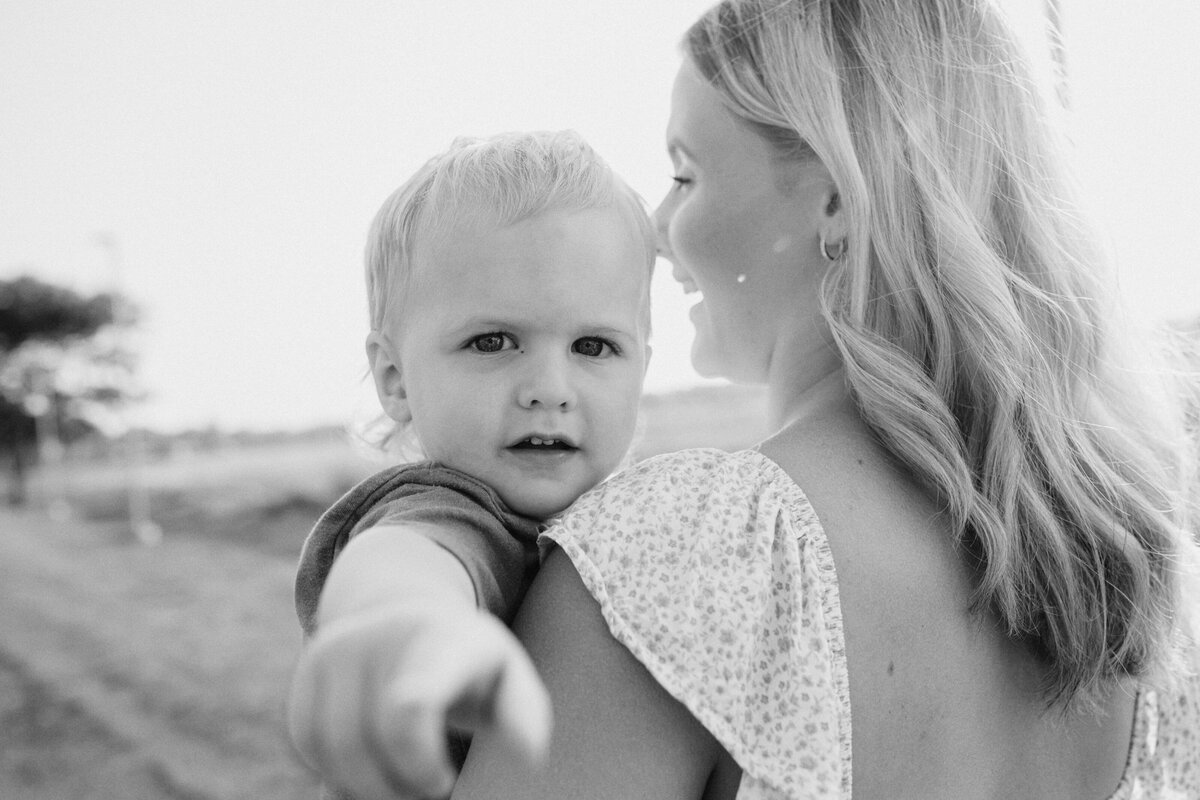black and white portrait of a mother and son