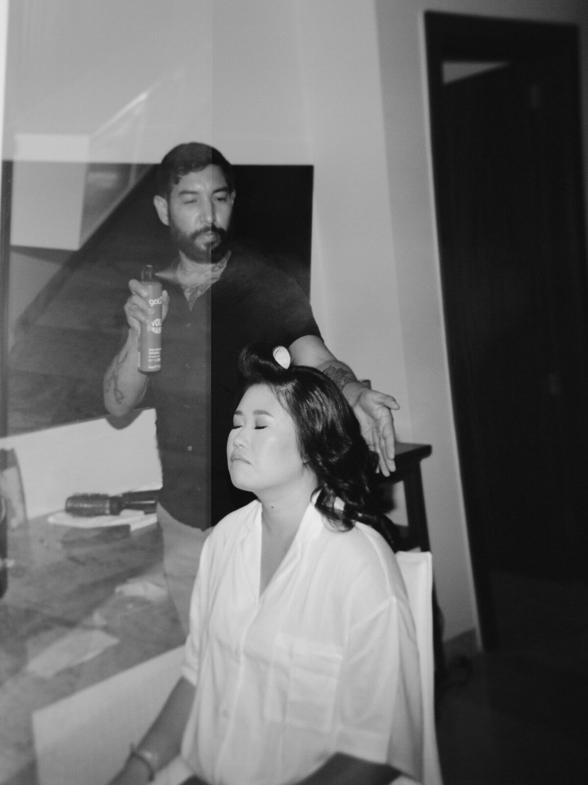 Asian bride has hair done at Paradisus la Perla wedding, Mexico, film wedding photographer