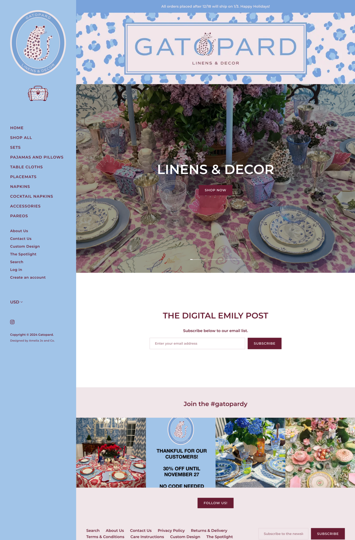 Homepage design for Gatopard Linens & Decor  featuring sidebar navigation, leaopard print header with logo on top