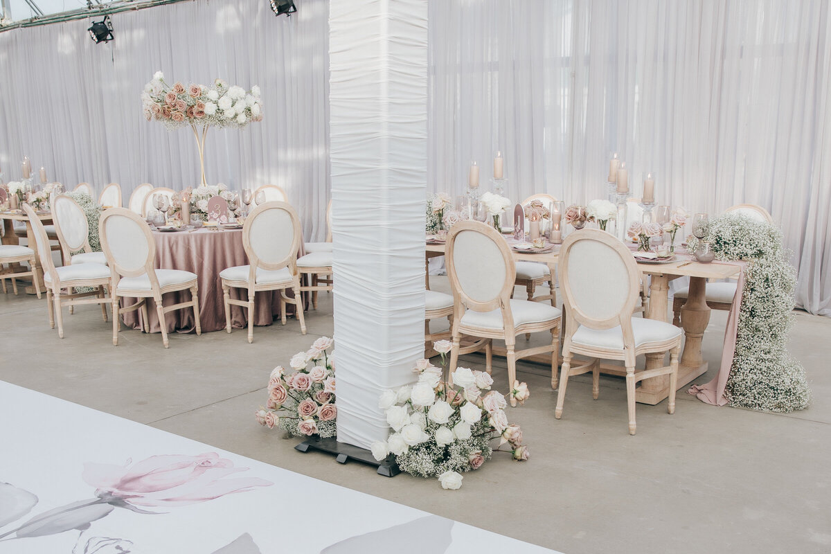 Glamorous indoor dinning at ivory and lavender themed  wedding