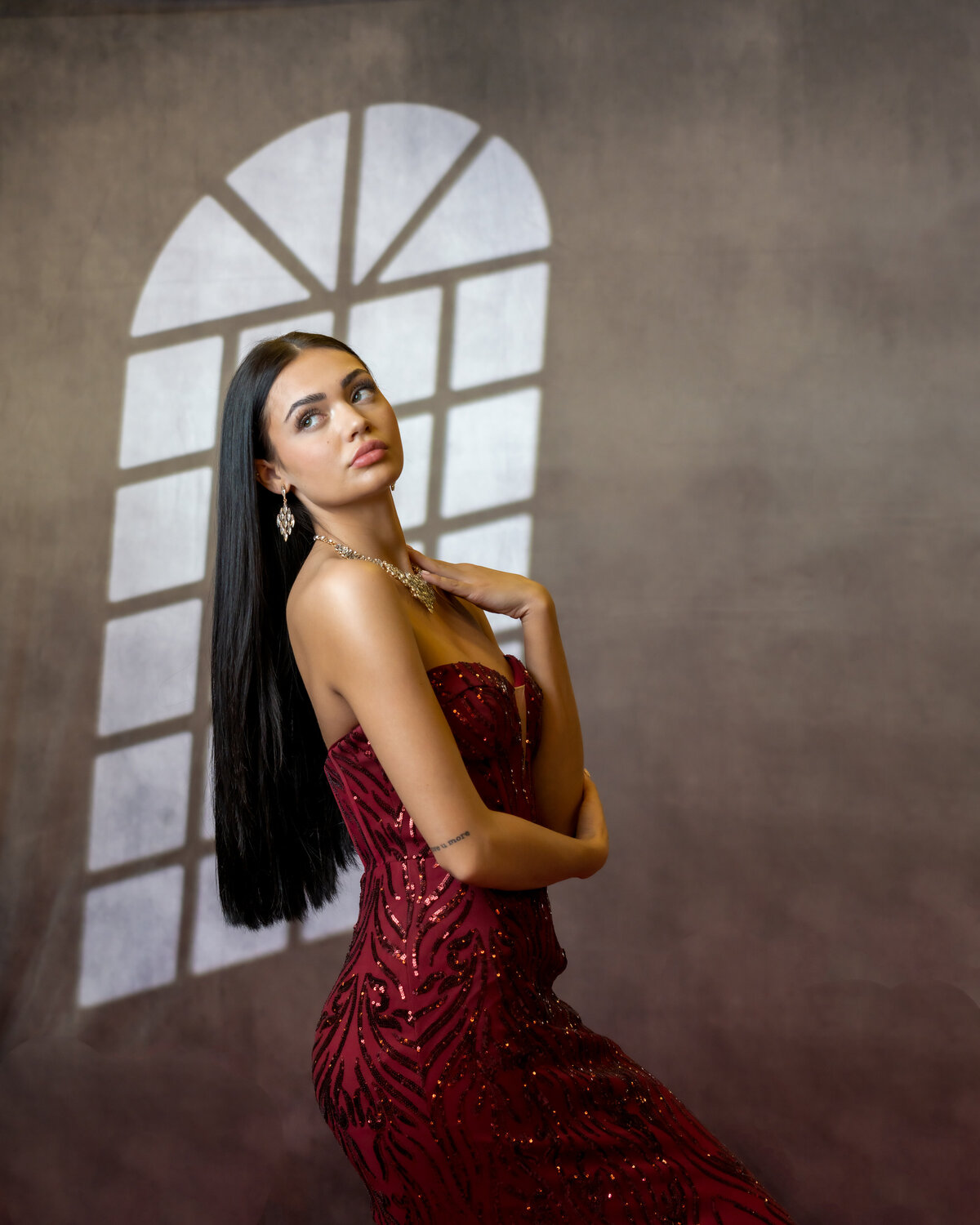 Female Model Red Dress Window Accent Portrait