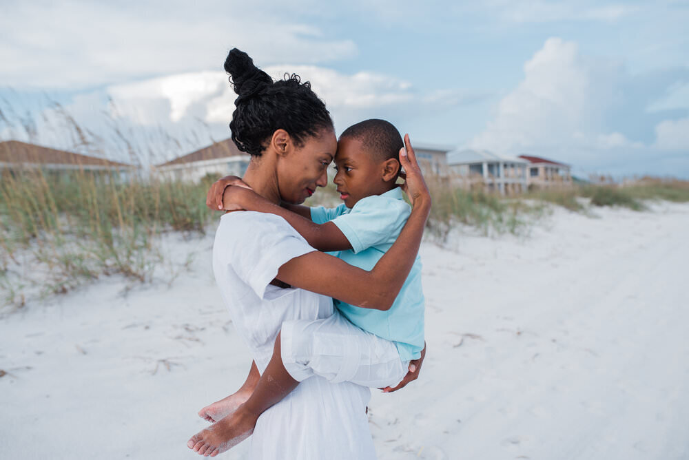 mom and son portrait session near dunes at Pensacola Beach
